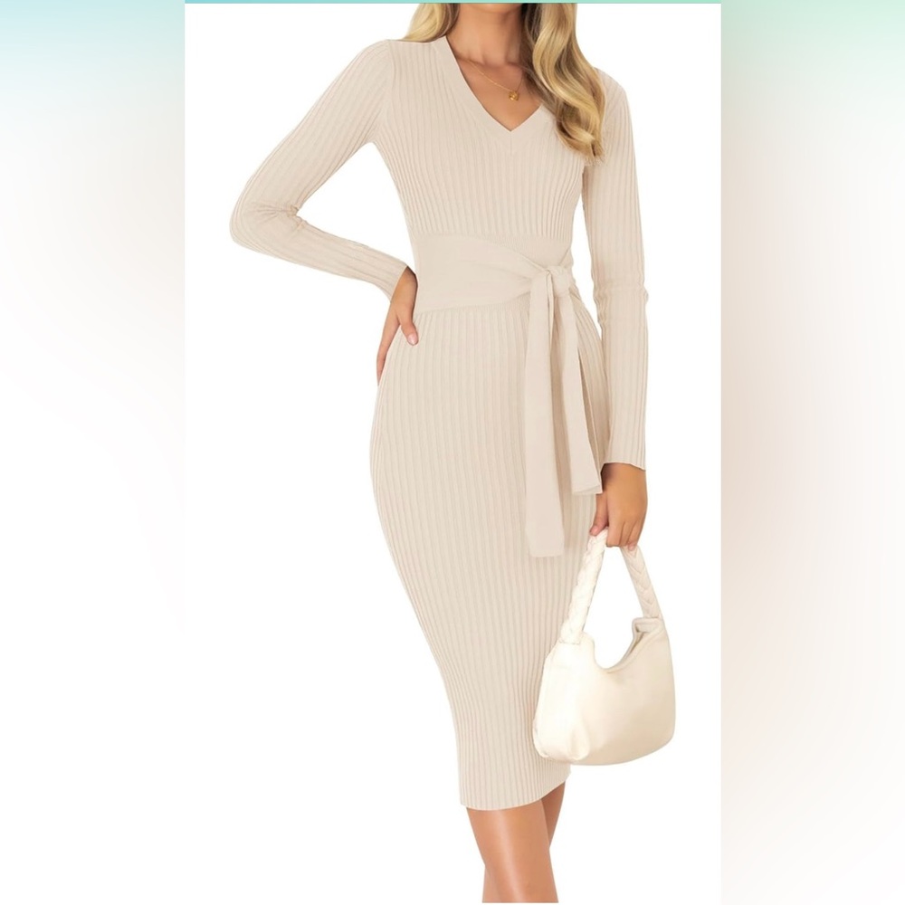 Elegant Cream Ribbed Knit Dress